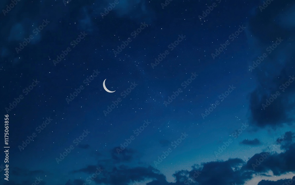Fototapeta premium Beautiful night sky with a crescent moon and stars, and sunset clouds. This background is suitable for a Ramadan Kareem celebration or Iftar party banner template with copy space for text.