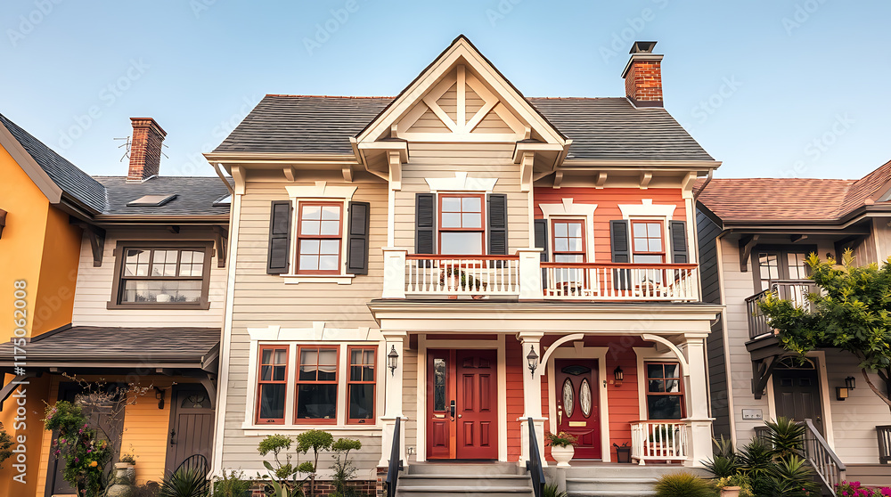 Obraz premium A row of three houses, the central one a larger Victorian style with a red second story and a porch, flanked by smaller houses, one orange and one tan. All feature dark roofs and varied window styles