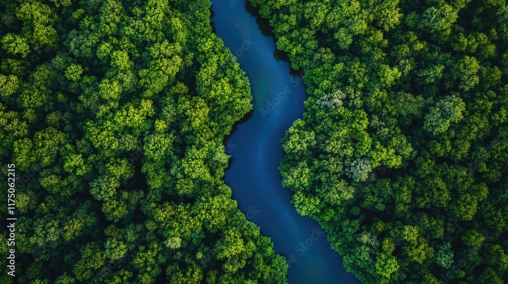 Aerial perspective of lush green forest surrounding a winding river with ample space for text placement and natural beauty Aerial perspective of lush green forest surrounding a winding river with ample space for text placement and natural beauty