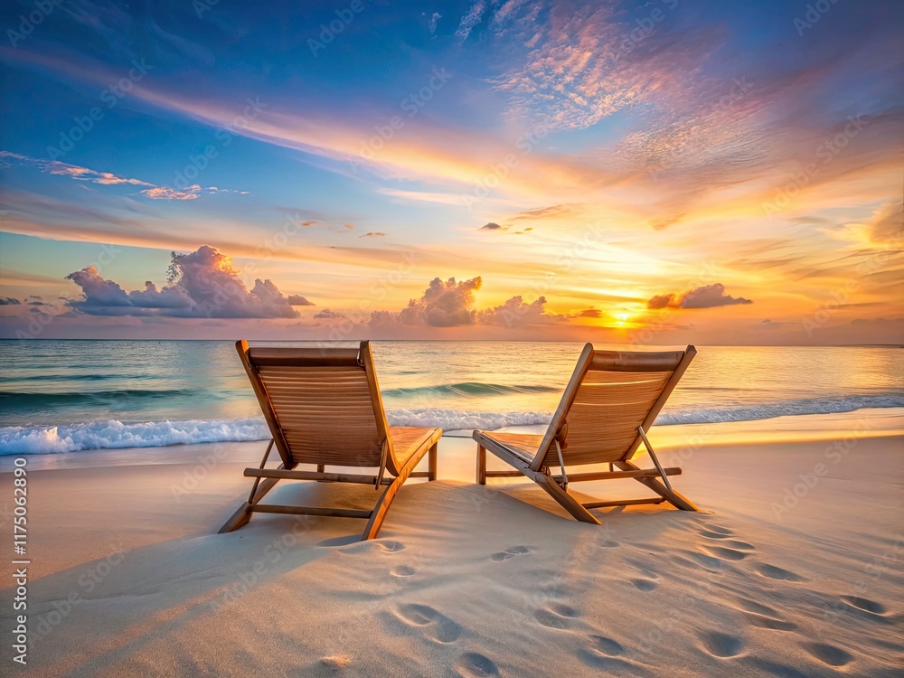 Minimalist beach chairs: sunbathe in coastal serenity. Perfect summer vacation escape. Minimalist beach chairs: sunbathe in coastal serenity. Perfect summer vacation escape.