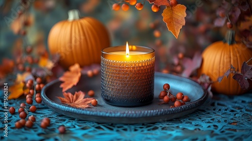 Autumn,s Embrace, A Glowing Candle Amidst Pumpkins, Berries, and Falling Leaves on a Teal Lace Tablecloth photo