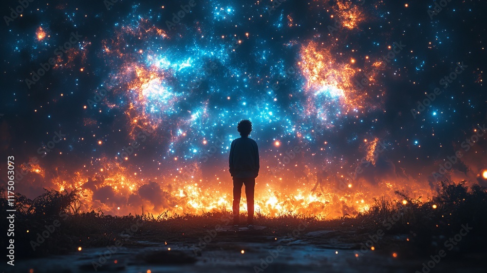 Silhouette of a person standing before a cosmic explosion of blue and orange stars in a night sky Astrology Day Silhouette of a person standing before a cosmic explosion of blue and orange stars in a night sky Astrology Day