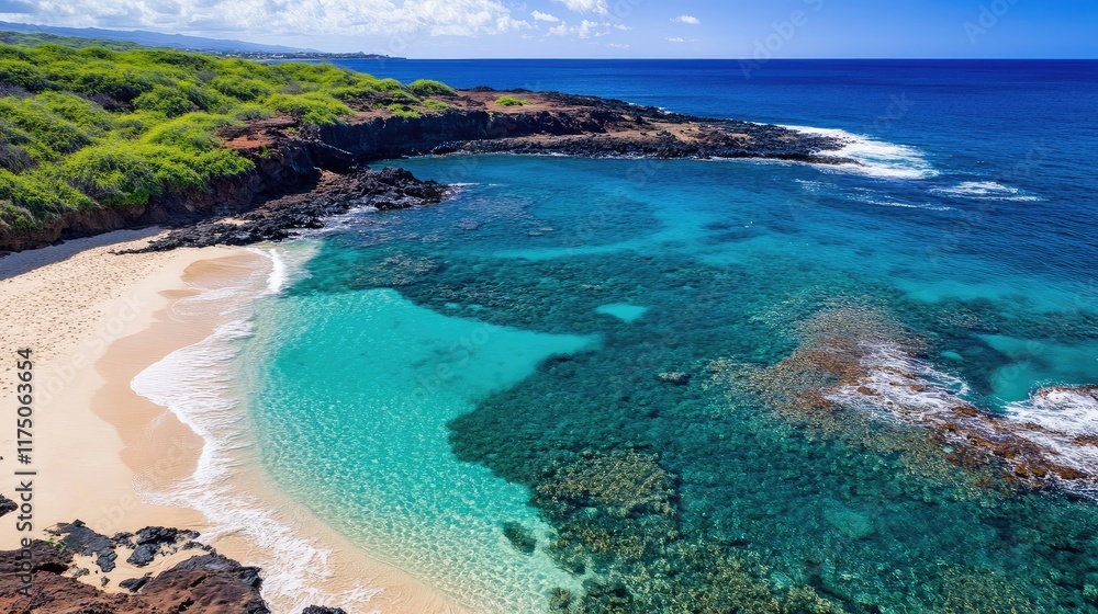 Aerial View of Serene Turquoise Waters and White Sand Beach in a Remote Coastal Cove Aerial View of Serene Turquoise Waters and White Sand Beach in a Remote Coastal Cove