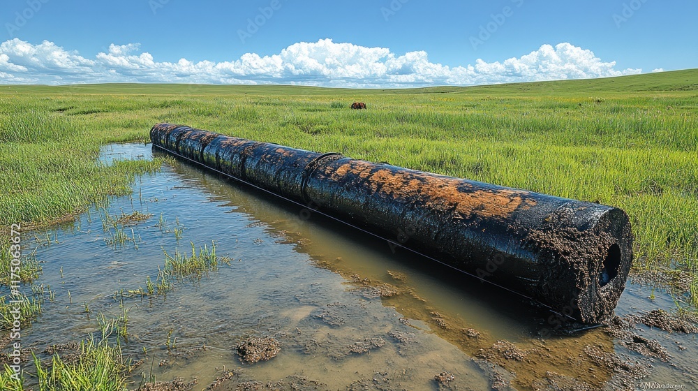 Large pipe in a grassy field with a puddle. Large pipe in a grassy field with a puddle.