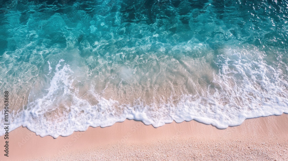 Aerial view of pristine beach with turquoise waters and gentle waves lapping on soft sandy shore in tropical paradise setting Aerial view of pristine beach with turquoise waters and gentle waves lapping on soft sandy shore in tropical paradise setting