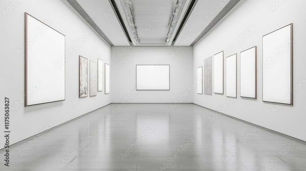Fototapeta premium Modern Art Gallery Interior with Blank Frames Ready for Exhibition in a Bright and Minimalist Space with Clean Architectural Lines