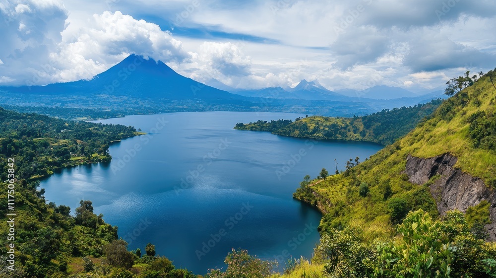 Naklejka premium Breathtaking Scenic View of Lake Mountain Surrounded by Lush Greenery and Majestic Peaks Under a Dramatic Sky