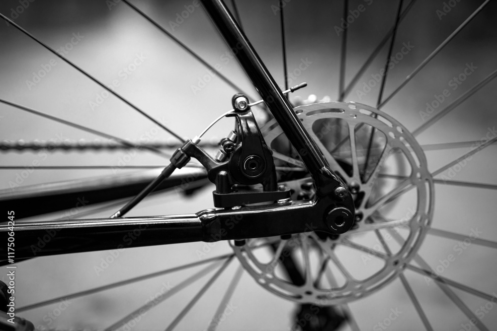 Fototapeta premium Close-up of a bicycle wheel showcasing metallic spokes and hub against a blurred green background, emphasizing craftsmanship and outdoor activity. Ideal for cycling, transportation, and fitness themes