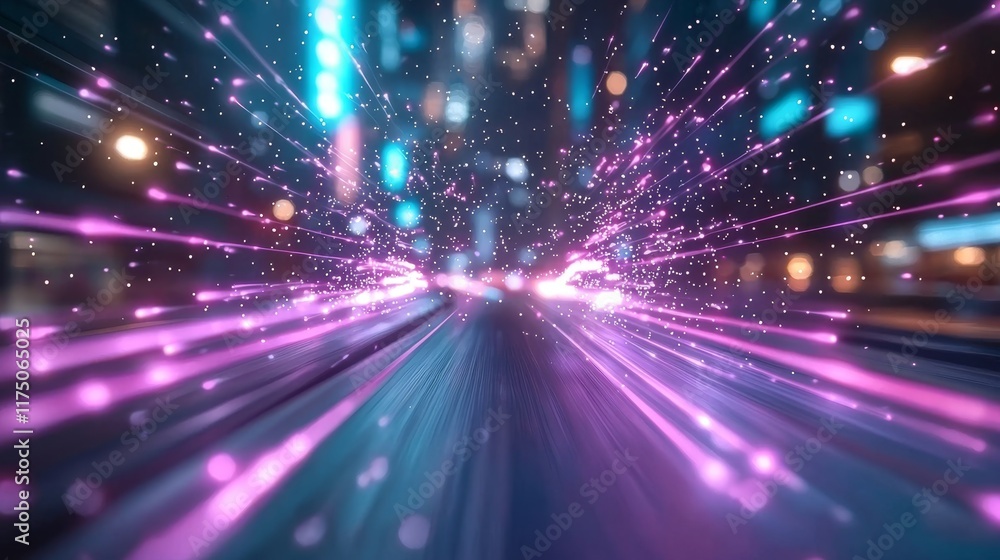 Obraz premium Futuristic City Nightscape High Speed Motion Blur with Purple and Teal Light Trails
