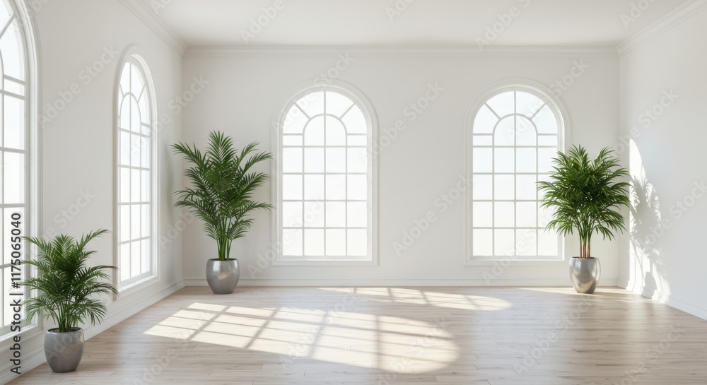 Bright airy room, arched windows, sunlight streaming in, white brick walls, wooden floor, potted palm trees, minimalist interior, empty space, architectural rendering, soft shadows, natural light, hig Bright airy room, arched windows, sunlight streaming in, white brick walls, wooden floor, potted palm trees, minimalist interior, empty space, architectural rendering, soft shadows, natural light, hig