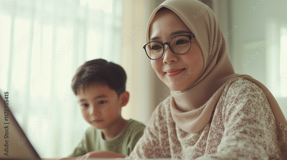 Muslim mother in hijab sharing laughter with her son while studying, bright minimalist room, natural light, sleek furniture, calm colors, and organized environment. Muslim mother in hijab sharing laughter with her son while studying, bright minimalist room, natural light, sleek furniture, calm colors, and organized environment.