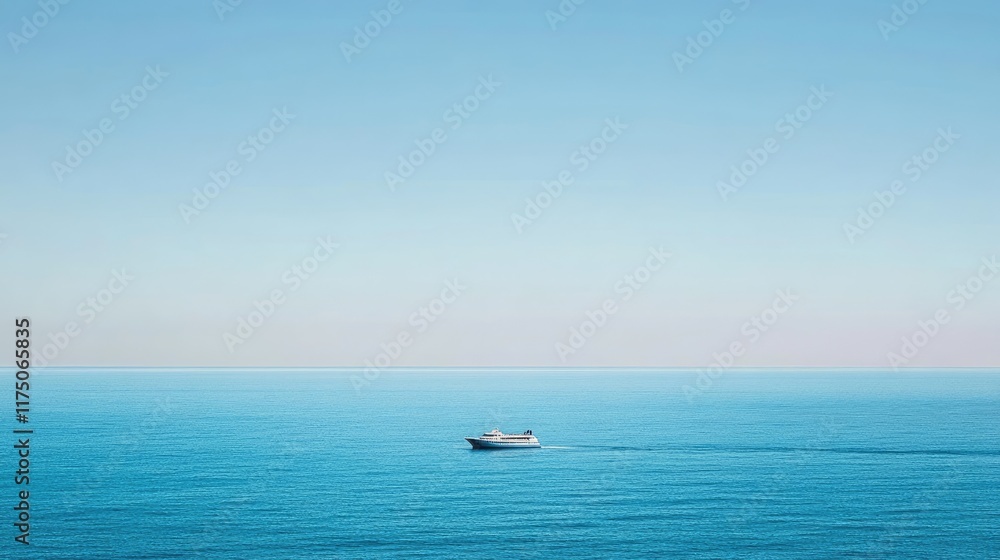 A lone vessel sails across a vast tranquil ocean A lone vessel sails across a vast tranquil ocean