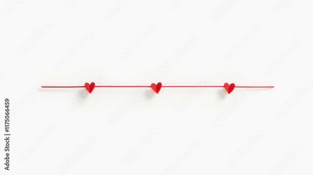 A Minimal Red String Stretched Horizontally Across the Middle of the Frame with Three Small Hearts A Minimal Red String Stretched Horizontally Across the Middle of the Frame with Three Small Hearts