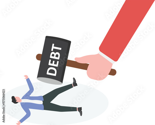Businessman smashed by hammer of debt, financial and debt concept
