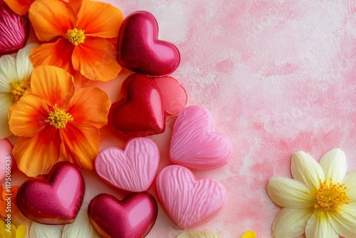 Charming valentine s day candies shaped like hearts and vibrant flowers   perfect for your message photo