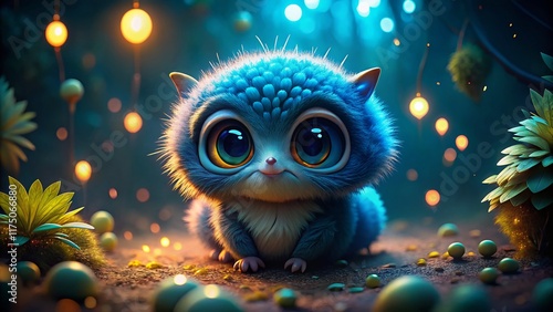 Playful Blue Fairytale Creature in Low Light Photography