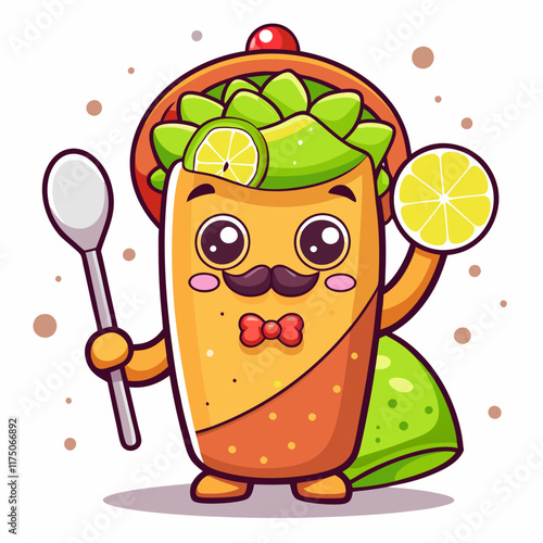 Cartoon Burrito Character Holding Sauce Bowl with Lime Wedge in Playful Vector Art