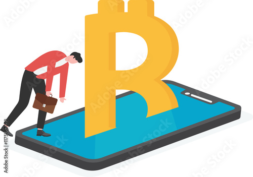  Businessman Standing on Sinking Bitcoin. Bitcoin and Cryptocurrency Market Crash Concept.

