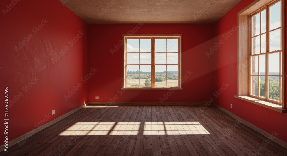 Fototapeta premium Empty room, red walls, wooden floor, large window, sunlight streaming in, shadows cast on floor, minimalist interior, moody atmosphere, architectural rendering, dramatic lighting, bare space, corner v