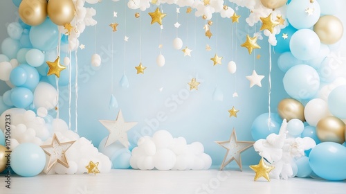 Sky-Themed First Birthday Backdrop with Clouds, Balloons, and Stars