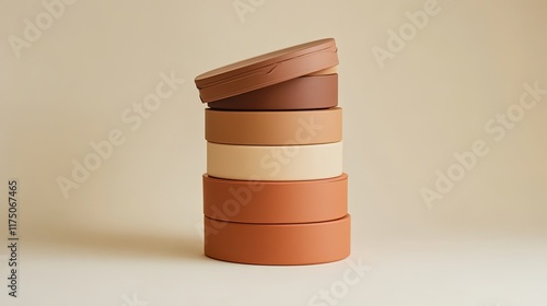 Stacked round containers in earth tones.