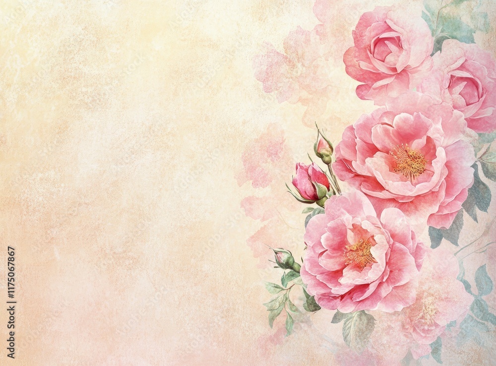 Fototapeta Beautiful pink roses and peonies border a pastel background with copy space for text. This could be used for a wedding invitation or love card design, creating a romantic background.