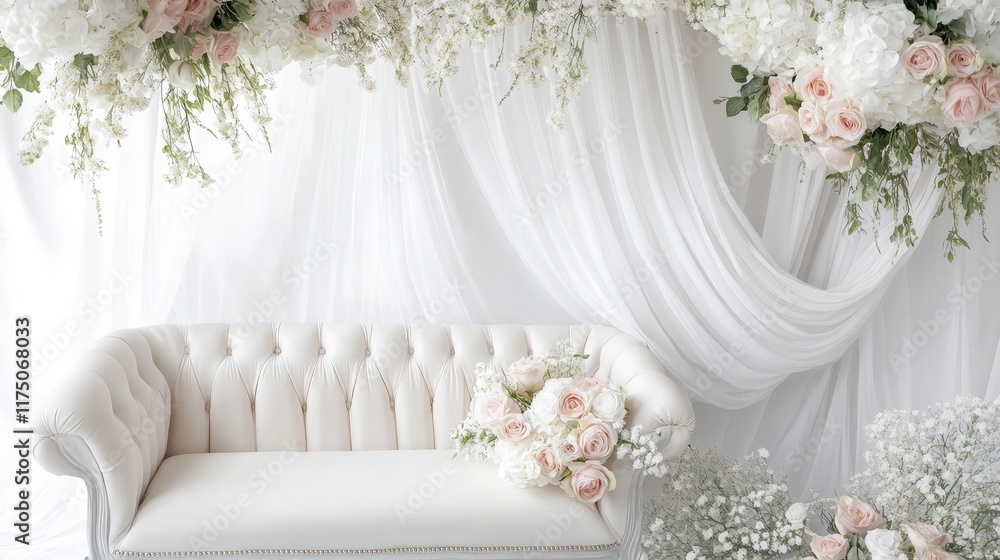Elegant White Sofa and Pastel Flowers Backdrop for Maternity and Wedding Elegant White Sofa and Pastel Flowers Backdrop for Maternity and Wedding
