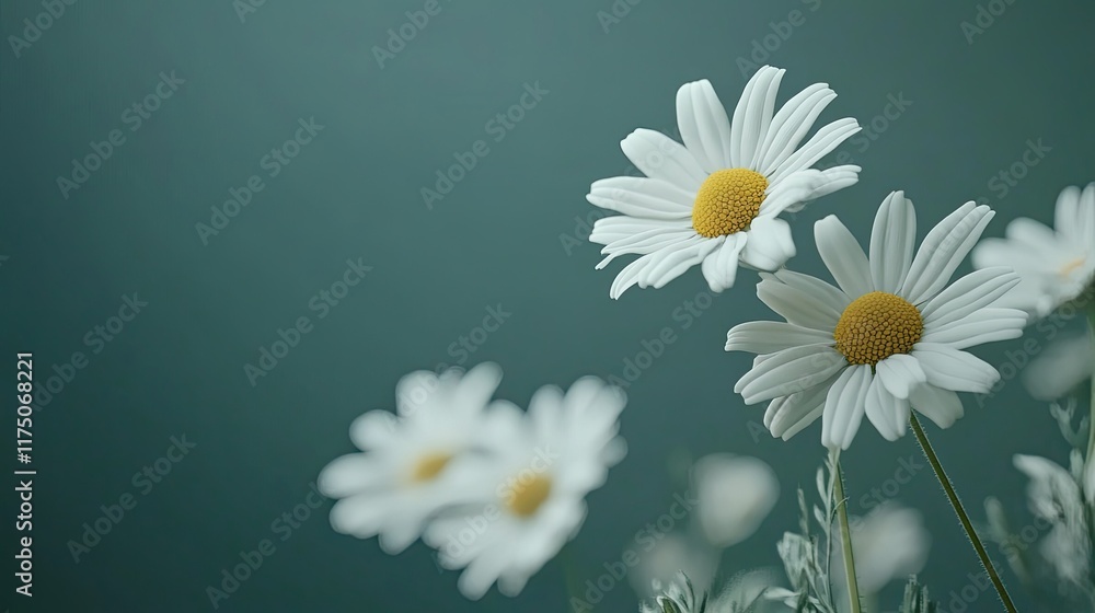 White daisies in soft focus against a teal background; nature, spring, serenity. White daisies in soft focus against a teal background; nature, spring, serenity.