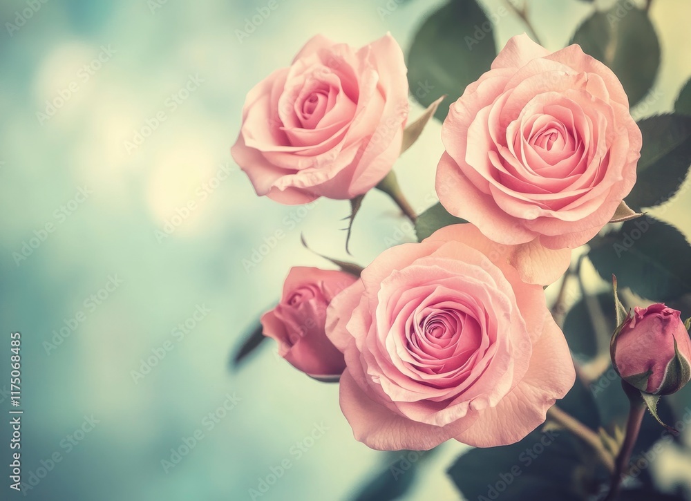 Beautiful pink roses in a garden, close-up. Flower background with blurred green leaves and blue sky. Vintage style, macro photography, photo taken from above, on a sunny day. Shallow depth of field.