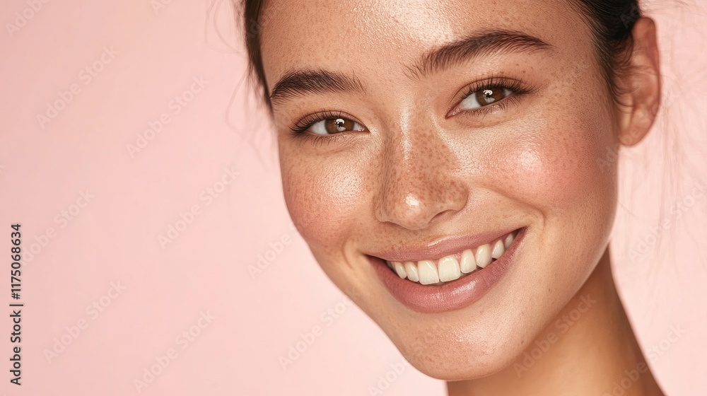 Close up portrait of a woman smiling showing freckles Close up portrait of a woman smiling showing freckles