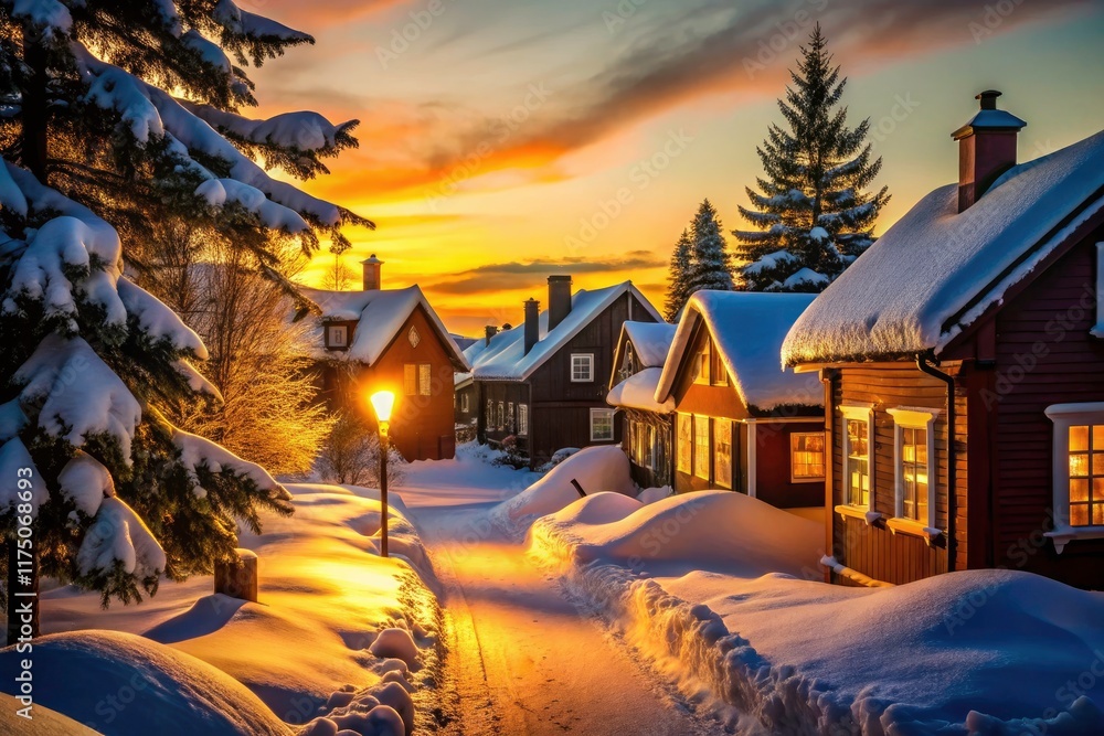 Fototapeta premium Night photography captures a snowy village's enchanting silhouette, a winter wonderland of charming homes.