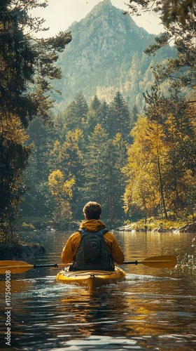 A solitary kayaker peacefully paddles through a tranquil river flanked by lush autumn forests, embodying adventure and calmness amid scenic mountain landscape. photo