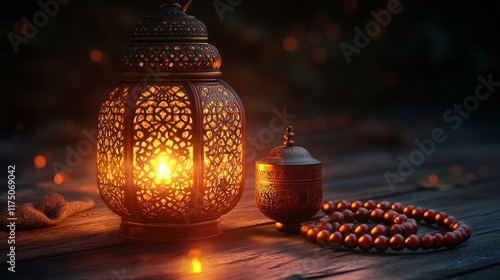 A warm glow of Ramadan, An ornate lantern, prayer beads, and a decorative jar set upon a rustic wooden surface, casting a serene and inviting ambiance photo