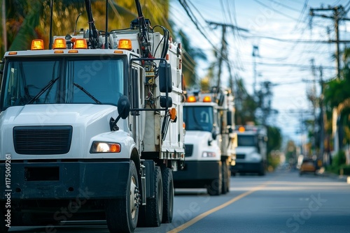 White utility trucks driving on a street.