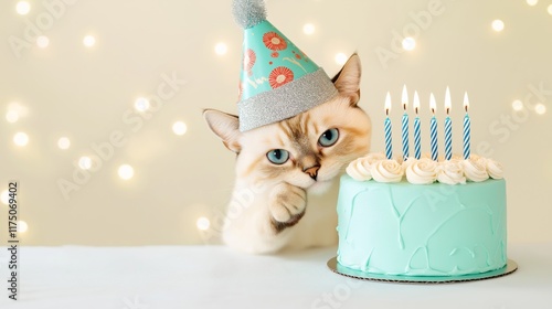 A fluffy cat wearing a festive party hat, playfully touching a turquoise birthday cake with candles. The soft, glowing lights in the background add a celebratory vibe to the scene photo