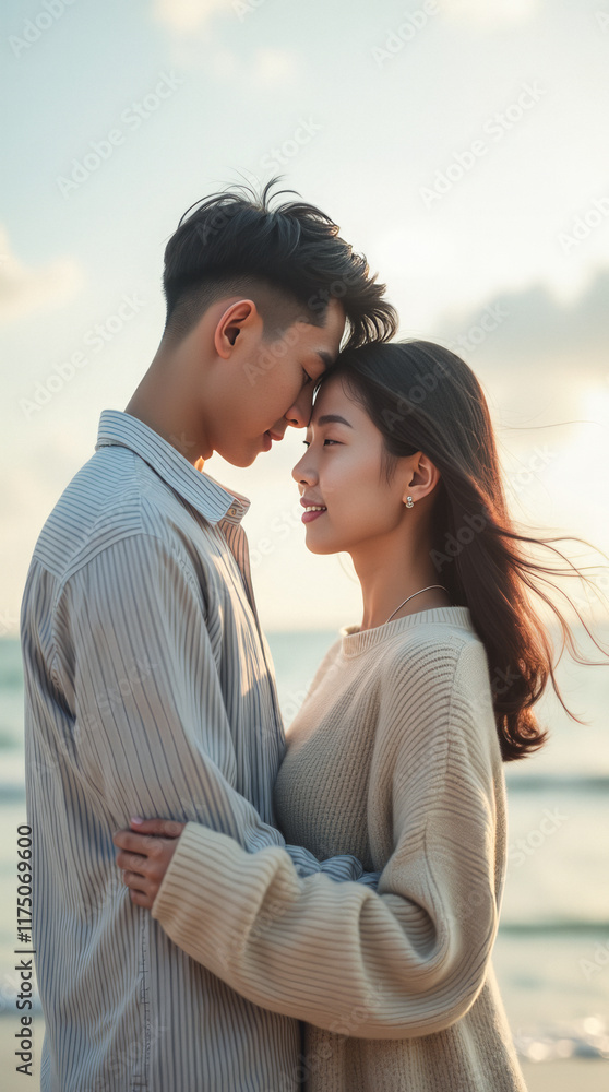 A Romantic Soft-Focus Portrait of a Young East Asian Couple Standing Closely Together on a Secluded Beach A Romantic Soft-Focus Portrait of a Young East Asian Couple Standing Closely Together on a Secluded Beach