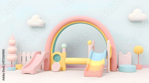 3D pastel-coloured fantasy park with rainbow and soft clouds, ideal for children’s or dreamy-themed illustrations.