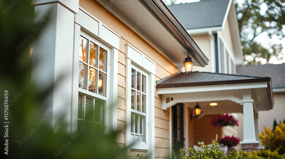 Fototapeta premium A close-up view of a light-tan house with white trim, featuring two large multi-paned windows and a covered porch with hanging lights. The house is partially obscured by foreground foliage.