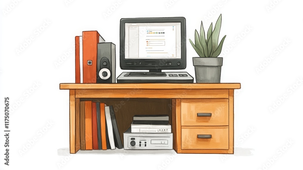 Fototapeta premium Organized workspace with desktop computer, files, and succulent plant