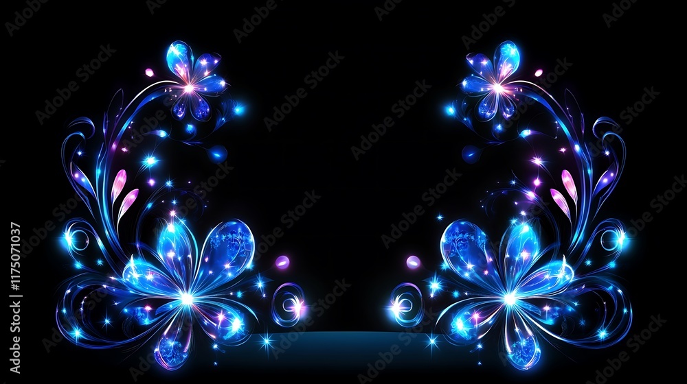 Glowing Blue Flowers with Sparkling Swirls Design Glowing Blue Flowers with Sparkling Swirls Design
