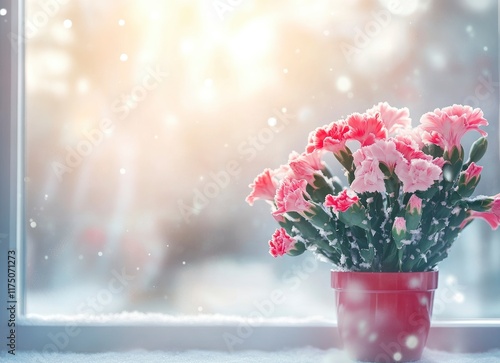 blooming winter morning background with close-up of pink carnation flower, bouquet of red and white bicolored Christmas cactus flowers in the window on a soft, blurred background of nature photo