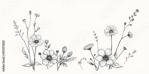 Abstract minimal tattoo style flower art poster with hand-drawn ink, charcoal, and crayon style floral elements in vector illustration collection, drawing, tattoo, hand drawn