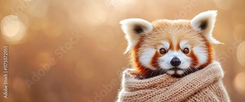 Red panda wrapped in knitted scarf on golden bokeh background, suitable for winter greetings, cozy seasonal promotions, wildlife conservation campaigns and social media content photo