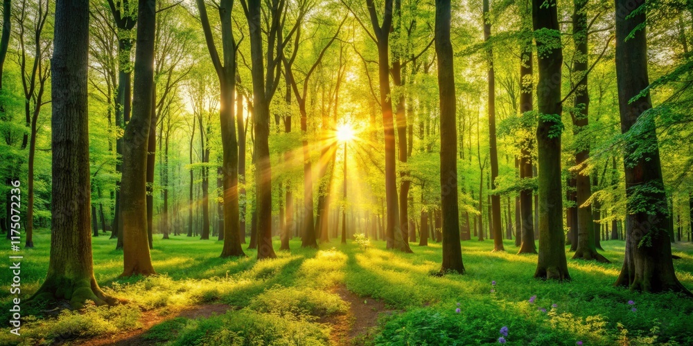Obraz premium Peaceful spring forest bathed in warm sunlight; sunbeams dance through leaves, illuminating vibrant undergrowth.