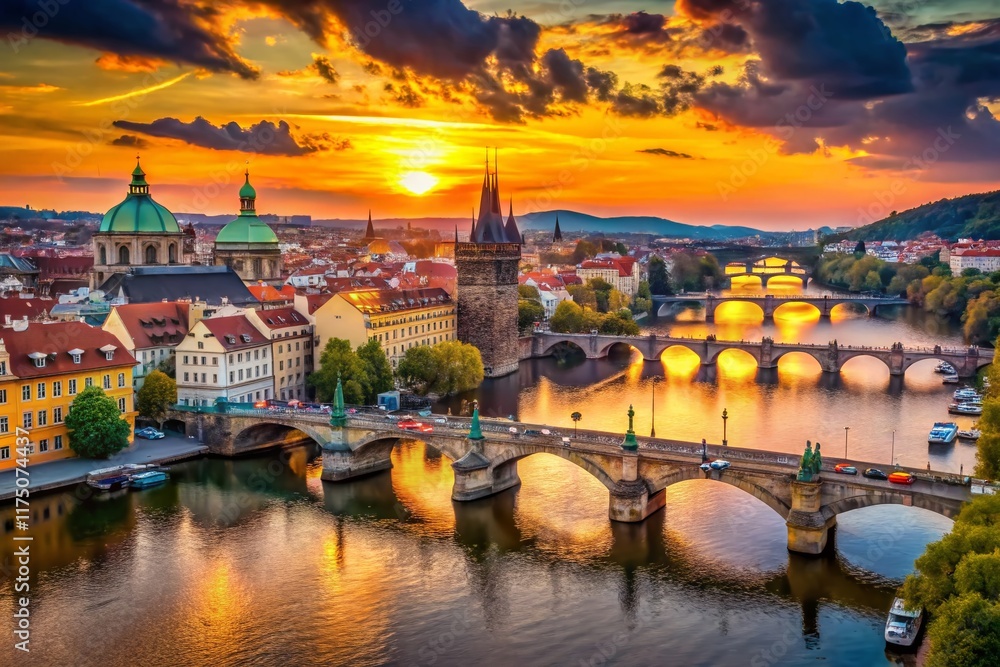 Fototapeta premium Prague Charles Bridge Sunset Aerial View - Old Town Pier Architecture