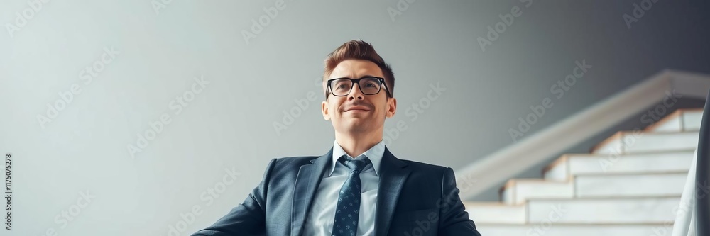 Businessman in suit standing at bottom of concrete staircase looking up with determination and ambition, confident, male, ambition Businessman in suit standing at bottom of concrete staircase looking up with determination and ambition, confident, male, ambition
