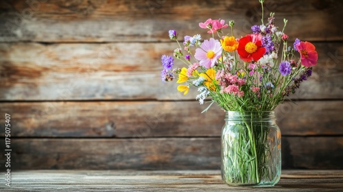 Wallpaper Mural Colorful Wildflower Bouquet in Glass Jar Rustic Wooden Background Torontodigital.ca
