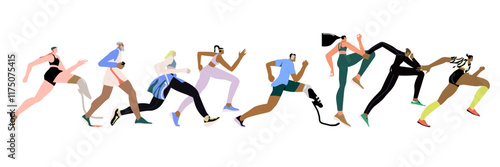 Jogging people group. Men, women crowd running. Many runners in line. Diverse joggers characters in motion, action. Sport exercise, marathon. Flat vector illustration isolated on white background.