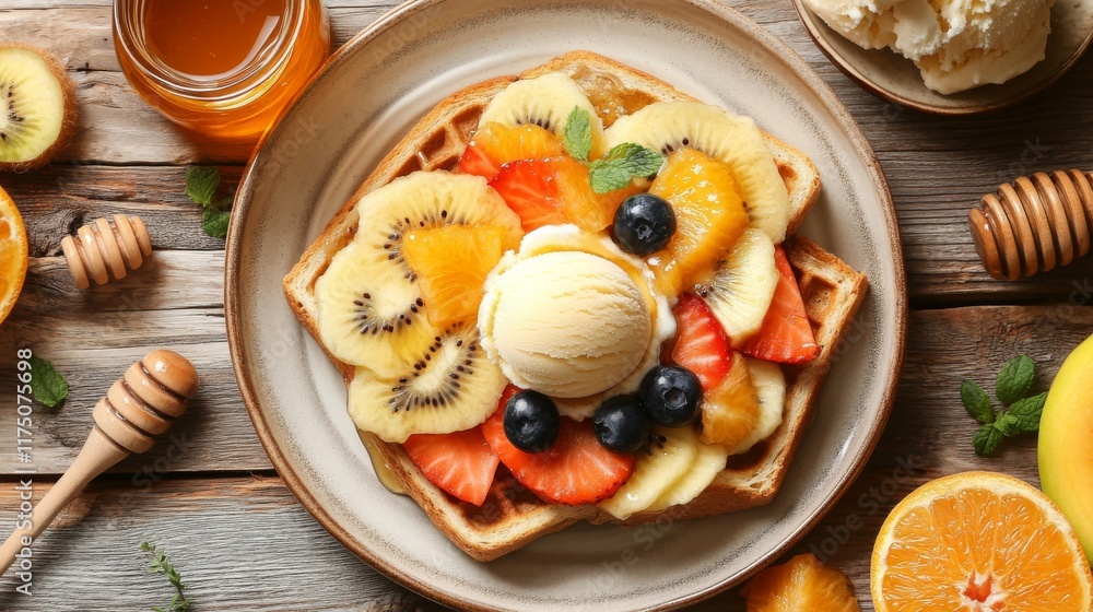 A top-down view of a decadent honey toast adorned with fresh fruit slices and a scoop of ice cream, served on a decorative plate with a honey jar in the background. A top-down view of a decadent honey toast adorned with fresh fruit slices and a scoop of ice cream, served on a decorative plate with a honey jar in the background.