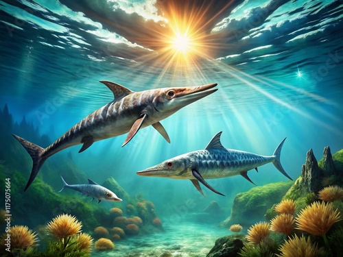 Prehistoric Ocean: Three Ichthyosaurs Swimming in Ancient Seas photo